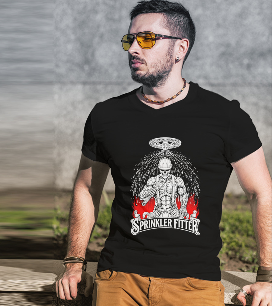 Skeleton Sprinkler Fitter With Fiery T-Shirt