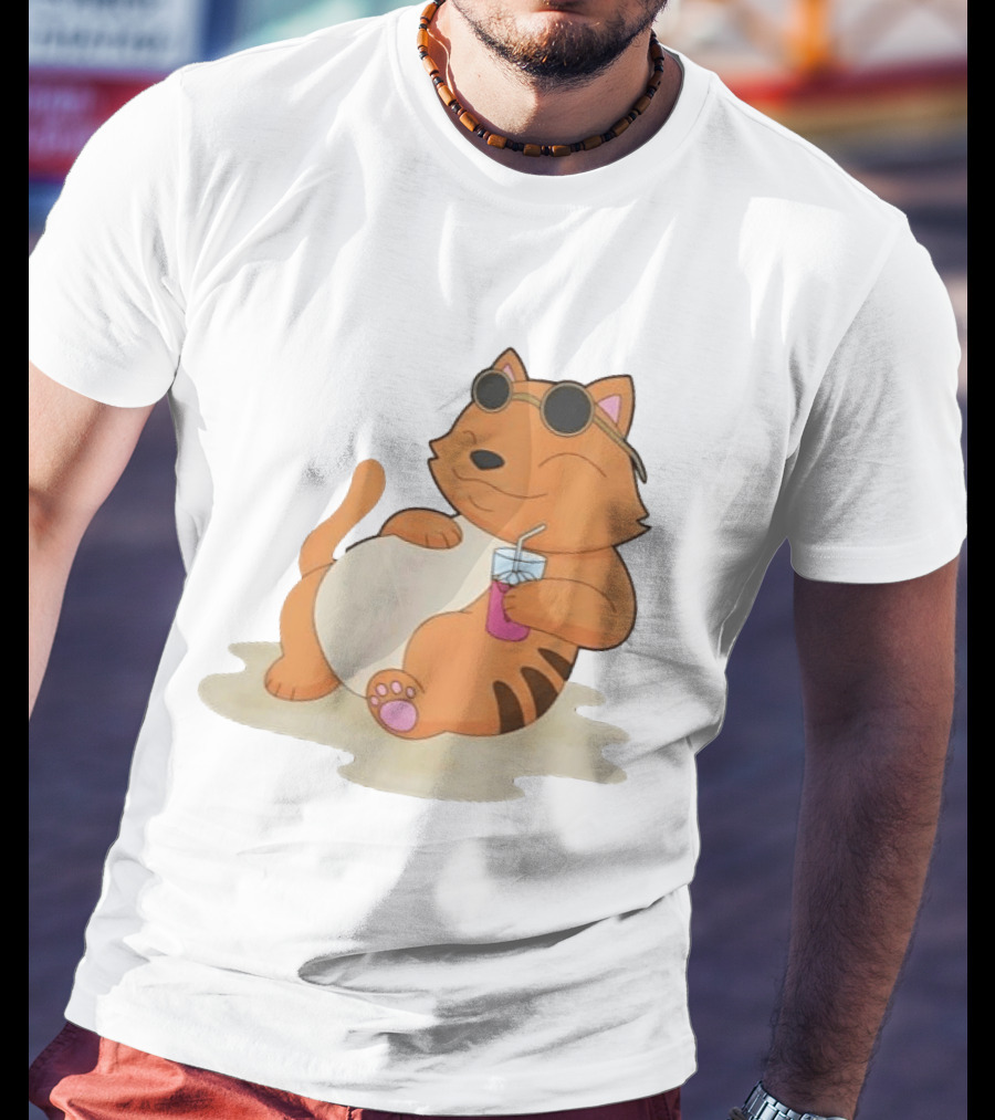 Cat Relaxing With Sunglasses And Drink On Beach Summer Vibes T-Shirt