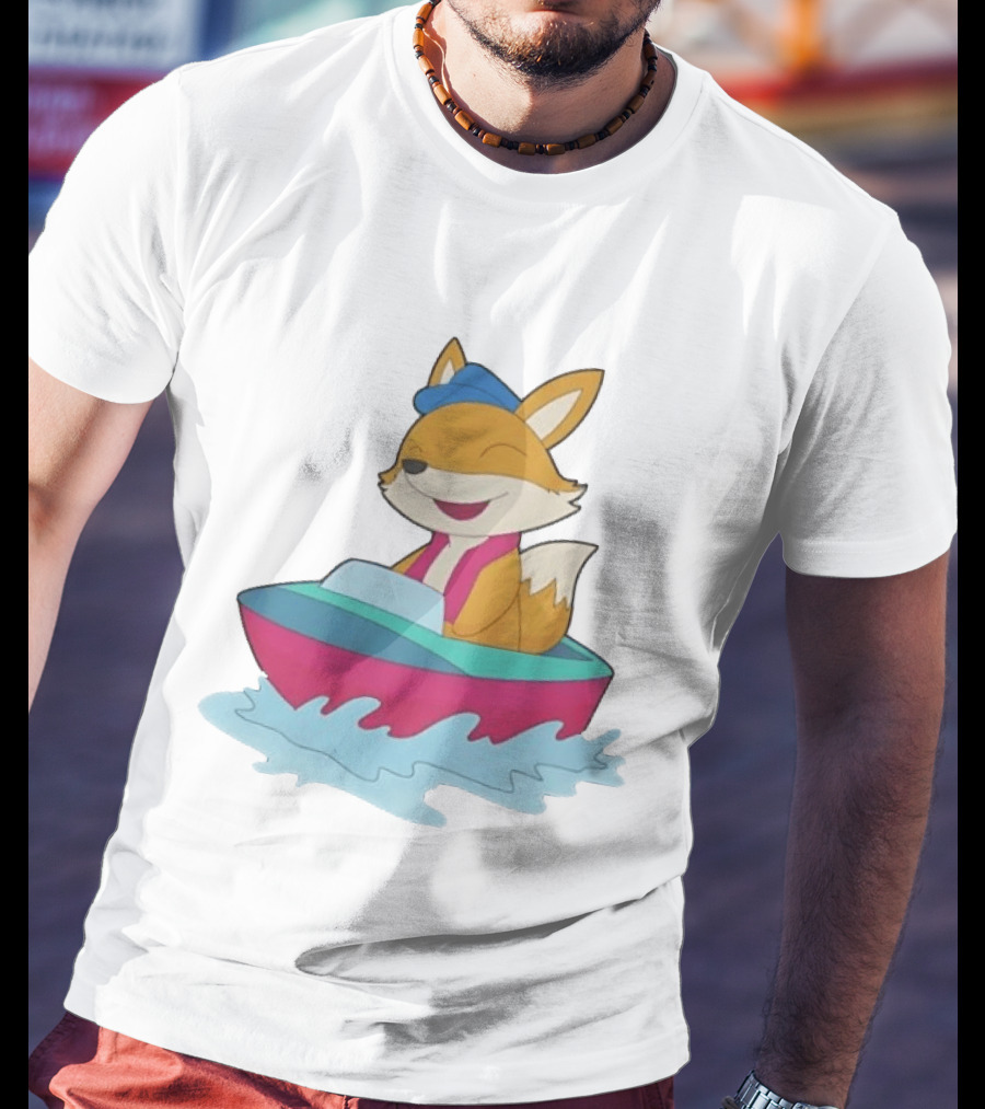 Cheerful Fox Sailing In Colorful Boat With Blue Hat And Pink Life Vest T-Shirt