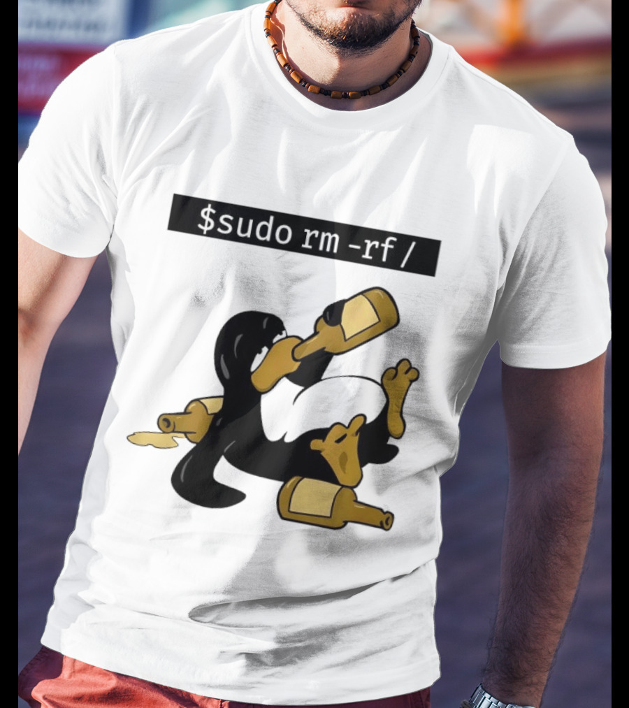 Penguin Linux Tux Drunk Sudo Rm Rf Command Bottles T-Shirt