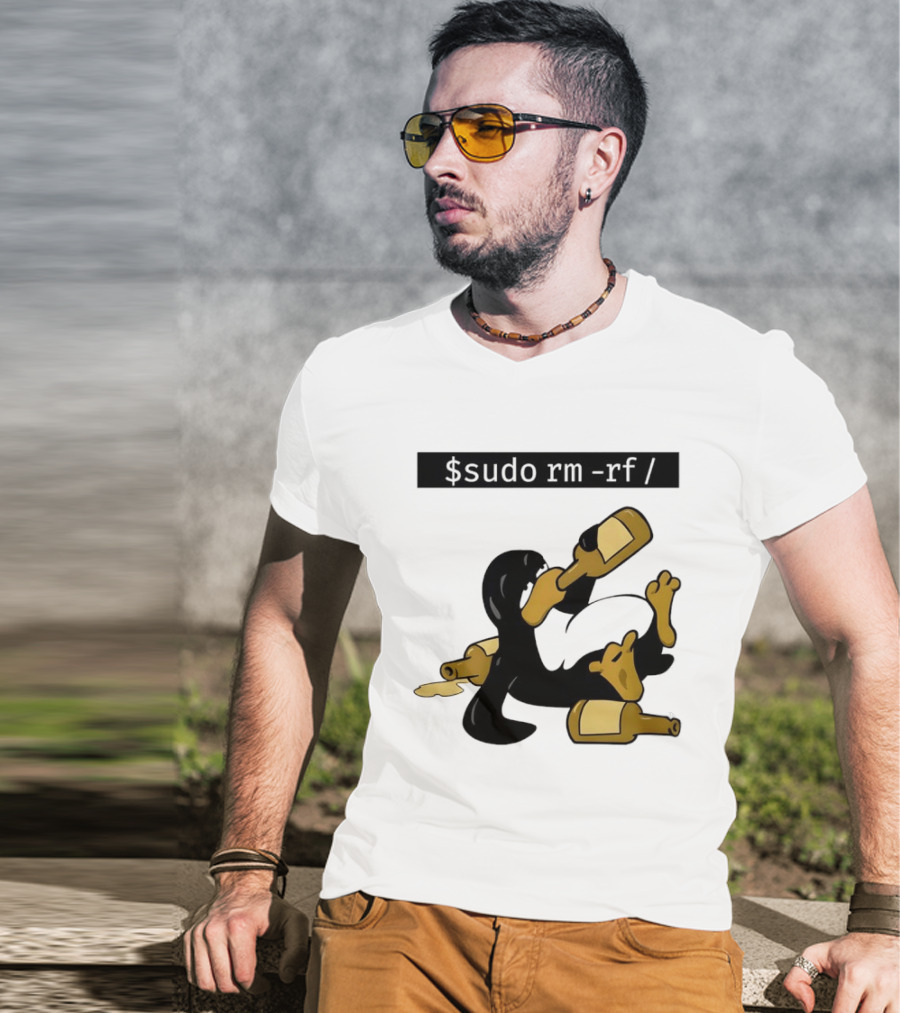 Penguin Linux Tux Drunk Sudo Rm Rf Command Bottles T-Shirt