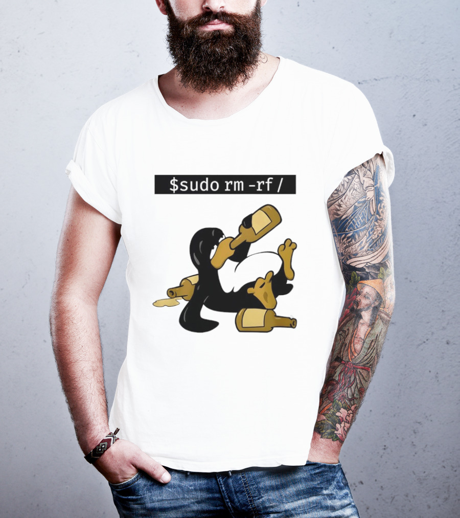 Penguin Linux Tux Drunk Sudo Rm Rf Command Bottles T-Shirt