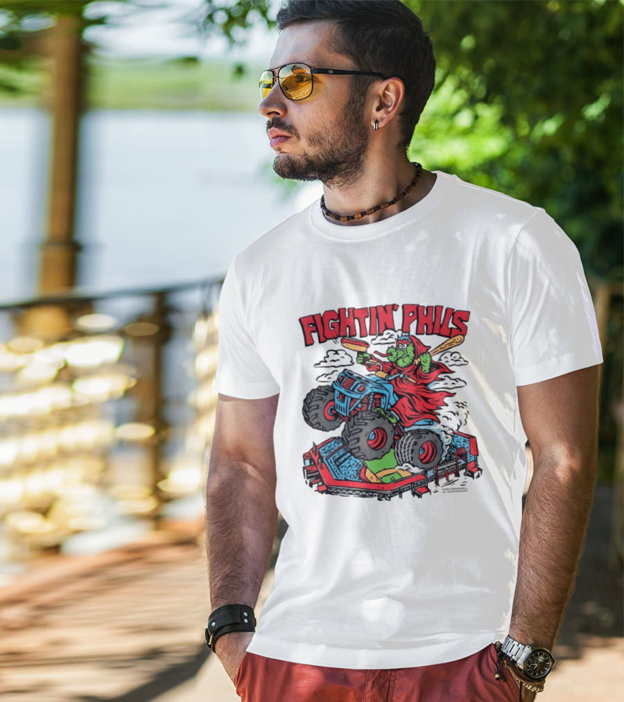 Fightin' Phils Monster Truck Creature Riding Over Baseball Stadium With Bats T-Shirt