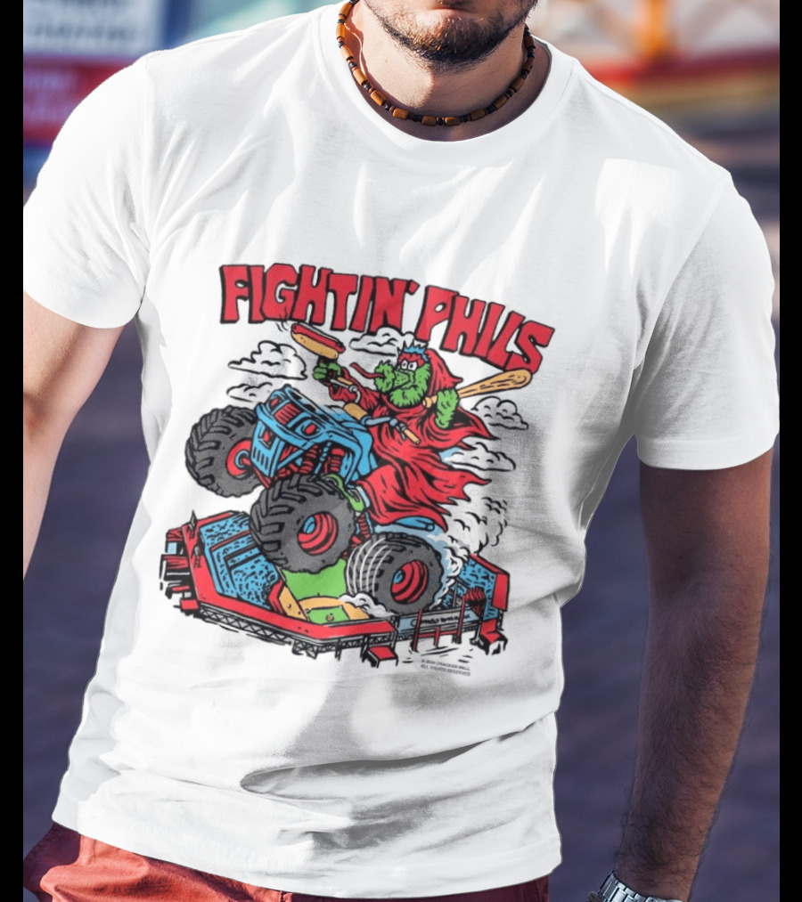Fightin' Phils Monster Truck Creature Riding Over Baseball Stadium With Bats T-Shirt