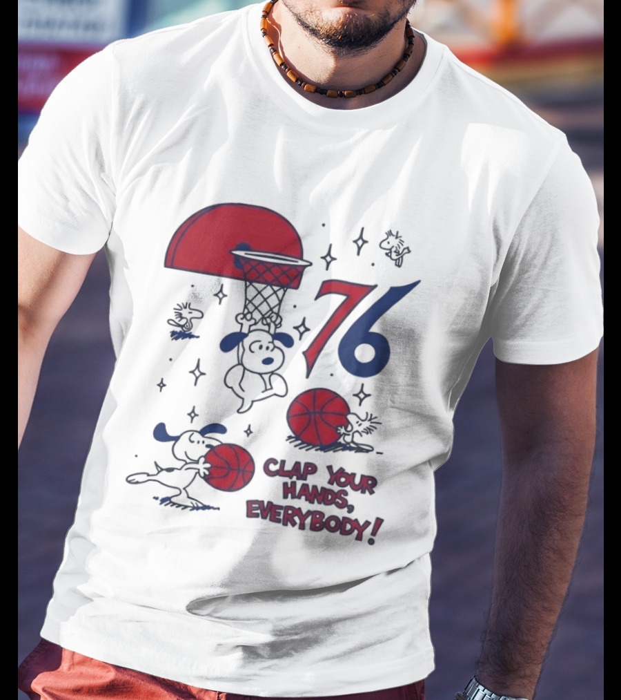 Snoopy Philadelphia 76ers Clap Your Hands Everybody Basketball Theme With Red And Blue T-Shirt