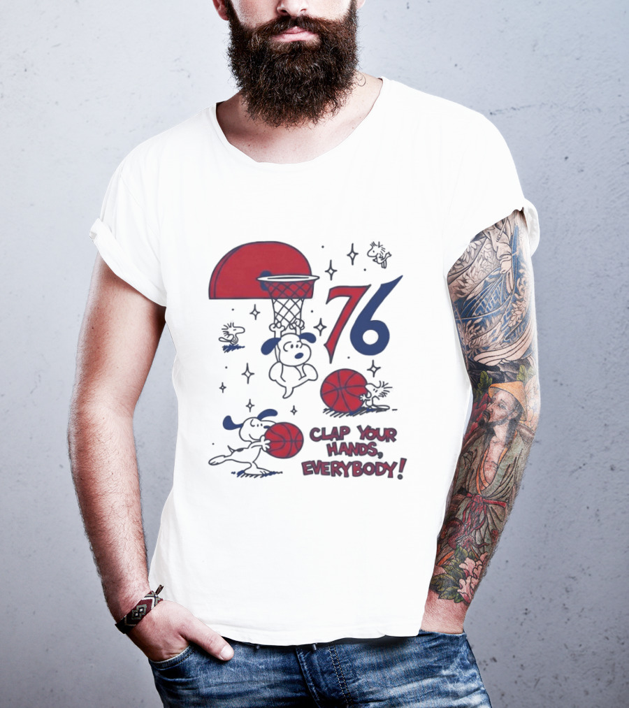 Snoopy Philadelphia 76ers Clap Your Hands Everybody Basketball Theme With Red And Blue T-Shirt