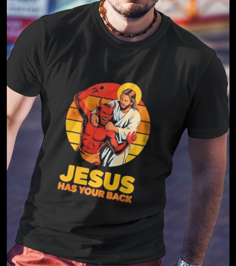 Jesus Has Your Back Vintage Illustration With Devil And Halo Symbolism T-Shirt