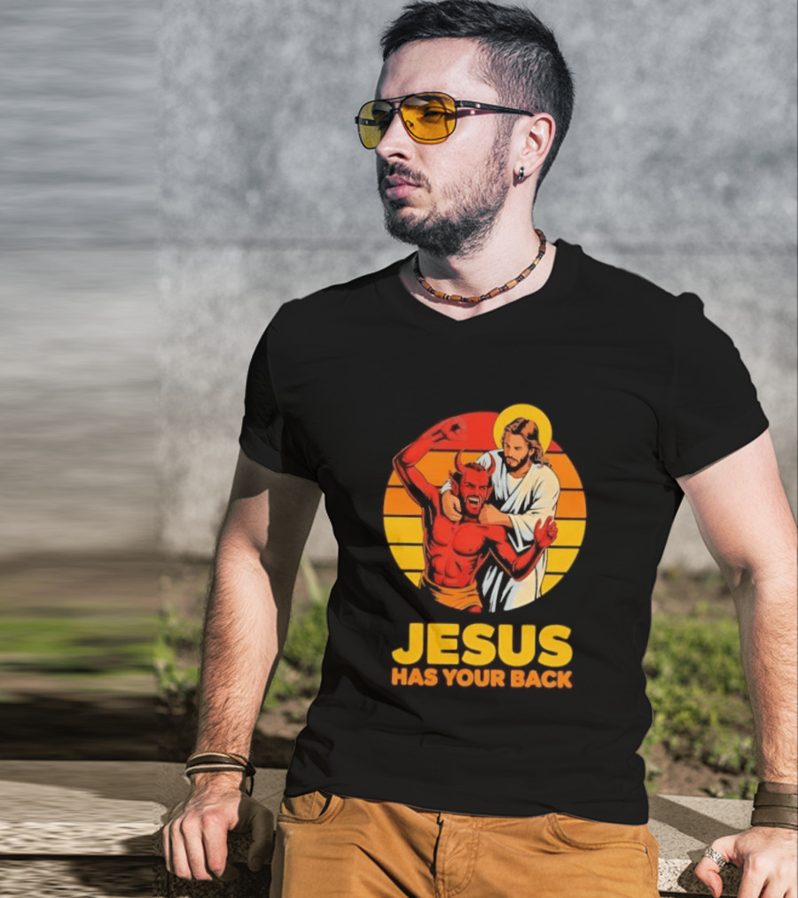 Jesus Has Your Back Vintage Illustration With Devil And Halo Symbolism T-Shirt