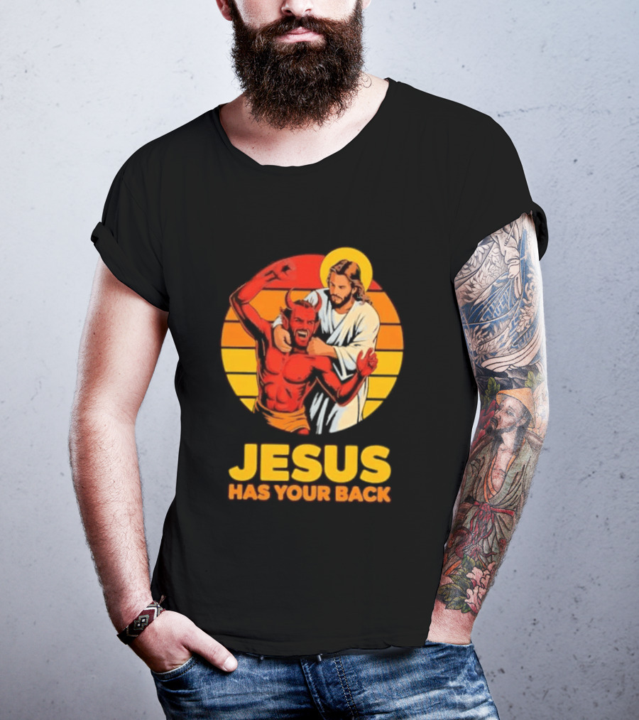 Jesus Has Your Back Vintage Illustration With Devil And Halo Symbolism T-Shirt