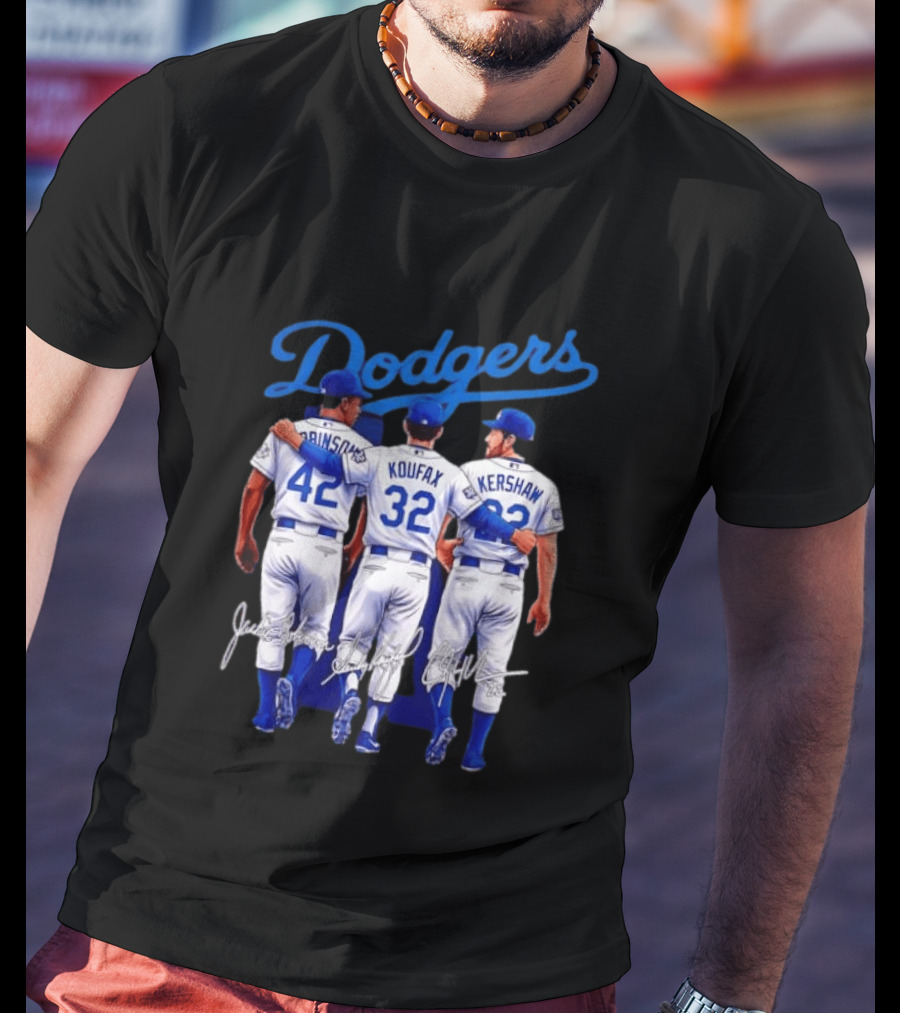 Los Angeles Dodgers Legendary Trio Jackie Robinson Sandy Koufax Clayton Kershaw Signatures T-Shirt
