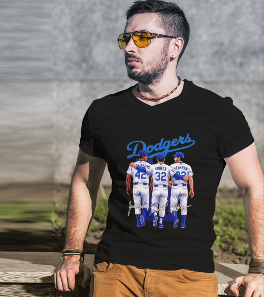 Los Angeles Dodgers Legendary Trio Jackie Robinson Sandy Koufax Clayton Kershaw Signatures T-Shirt