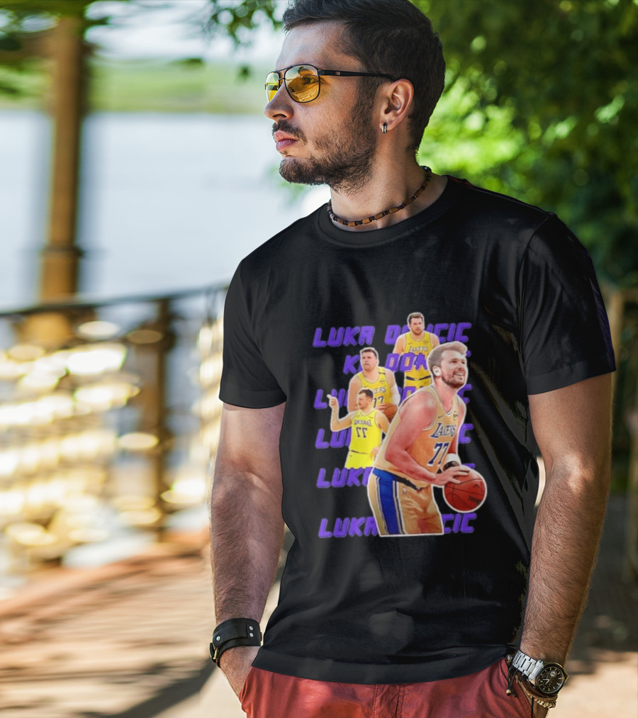 Luka Doncic Lakers 77 Action Shot Multiple Pose Purple Basketball Display T-Shirt