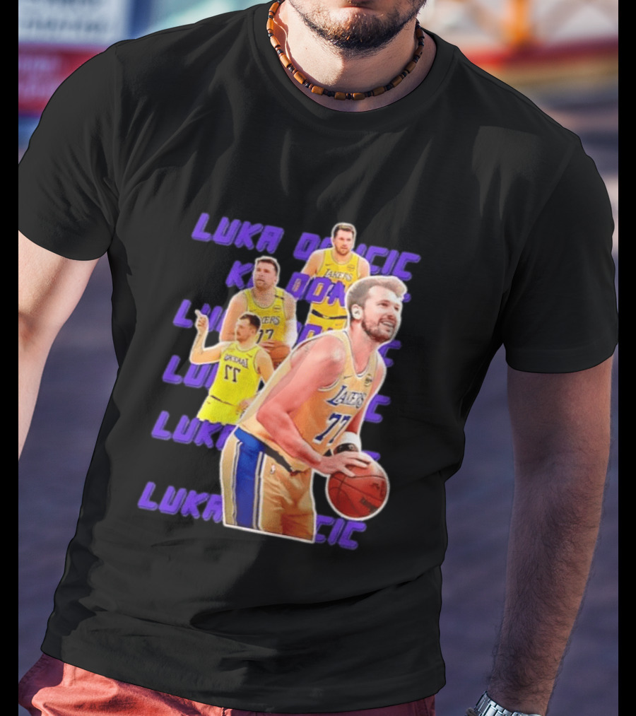 Luka Doncic Lakers 77 Action Shot Multiple Pose Purple Basketball Display T-Shirt