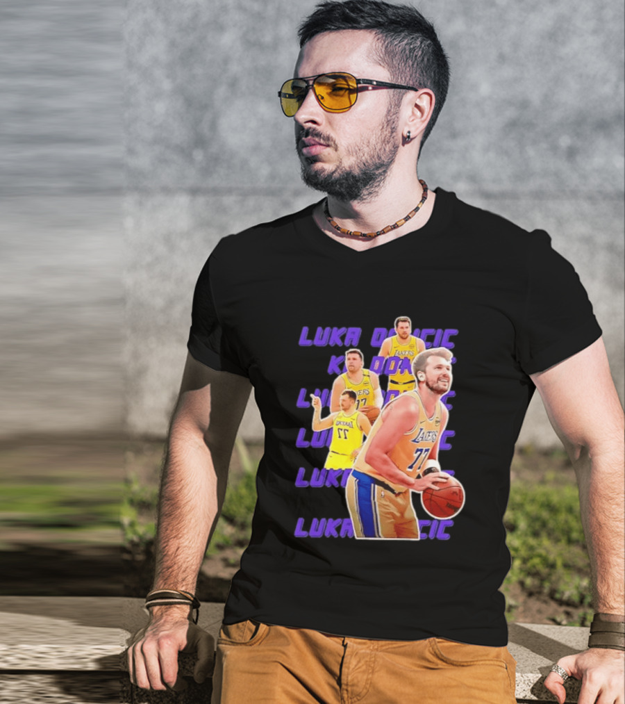 Luka Doncic Lakers 77 Action Shot Multiple Pose Purple Basketball Display T-Shirt