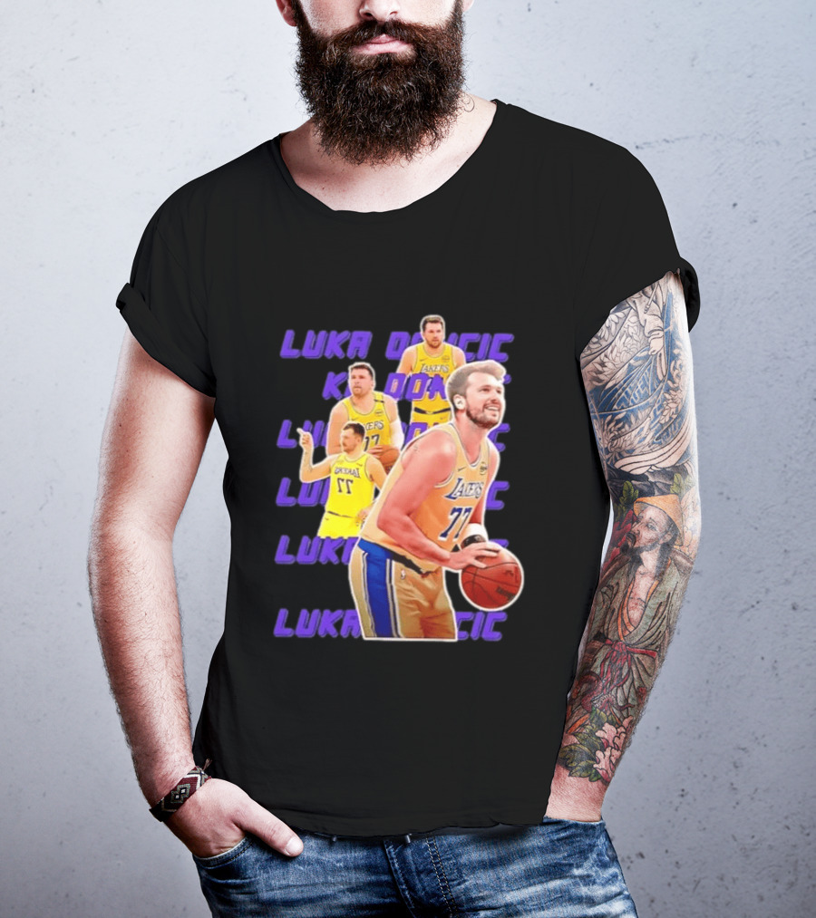 Luka Doncic Lakers 77 Action Shot Multiple Pose Purple Basketball Display T-Shirt