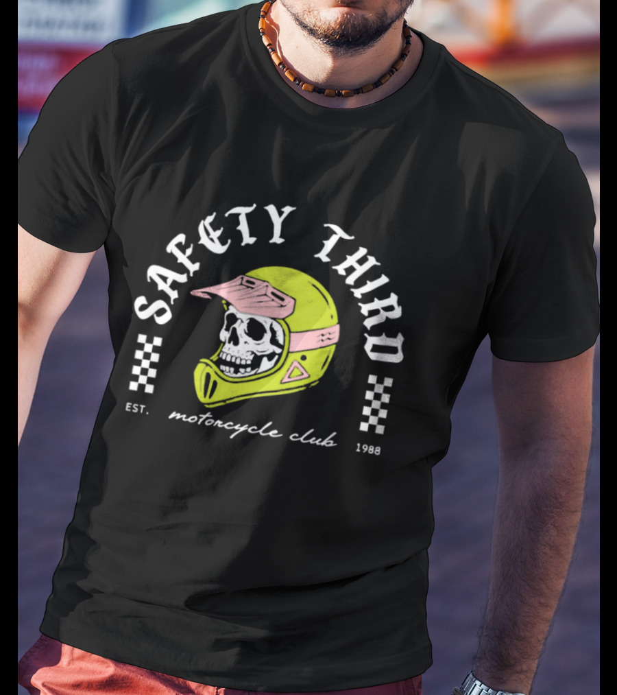 Safety Third Motorcycle Club Skull Helmet Est 1998 T-Shirt