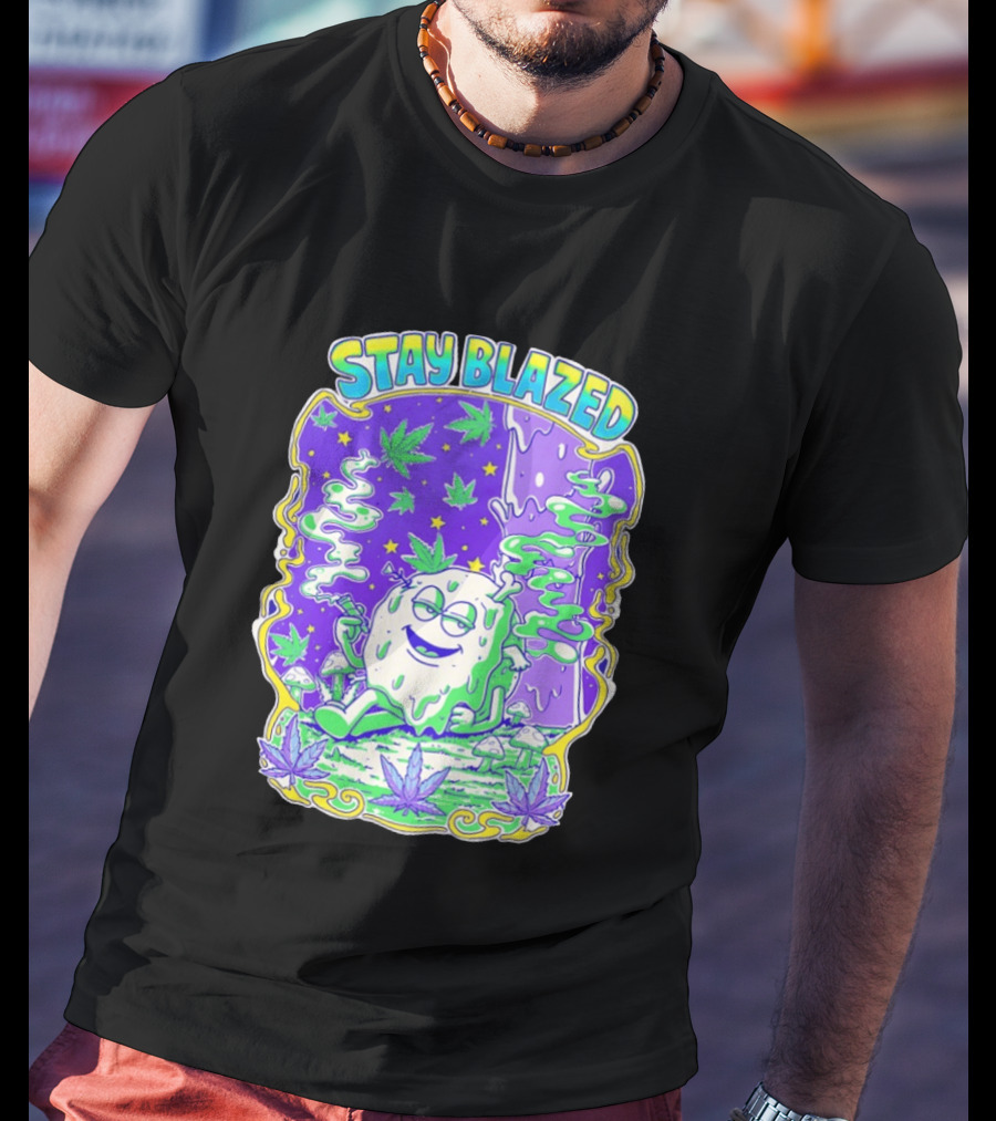 Stay Blazed Trippy Cannabis Character Psychedelic Art Leafs And Mushrooms T-Shirt