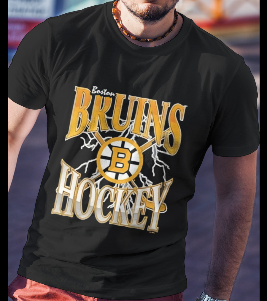Boston Bruins Hockey B Logo Crossed Sticks Lightning T-Shirt