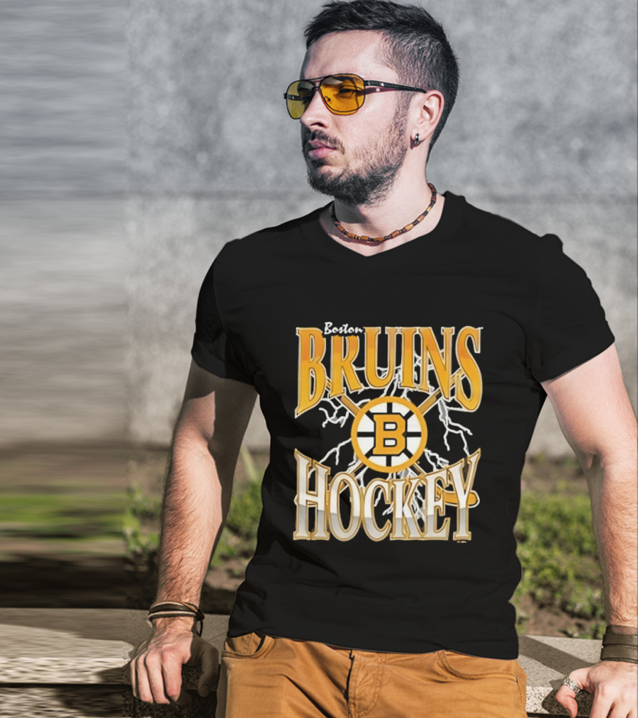 Boston Bruins Hockey B Logo Crossed Sticks Lightning T-Shirt