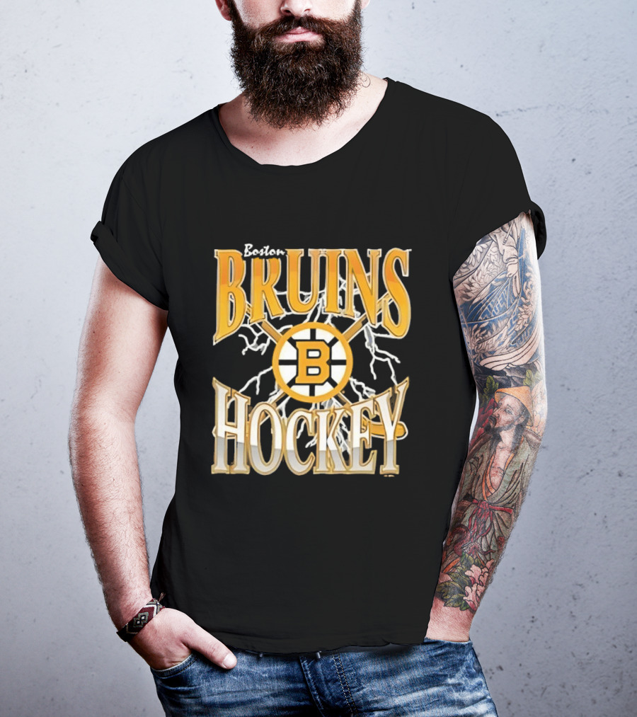 Boston Bruins Hockey B Logo Crossed Sticks Lightning T-Shirt