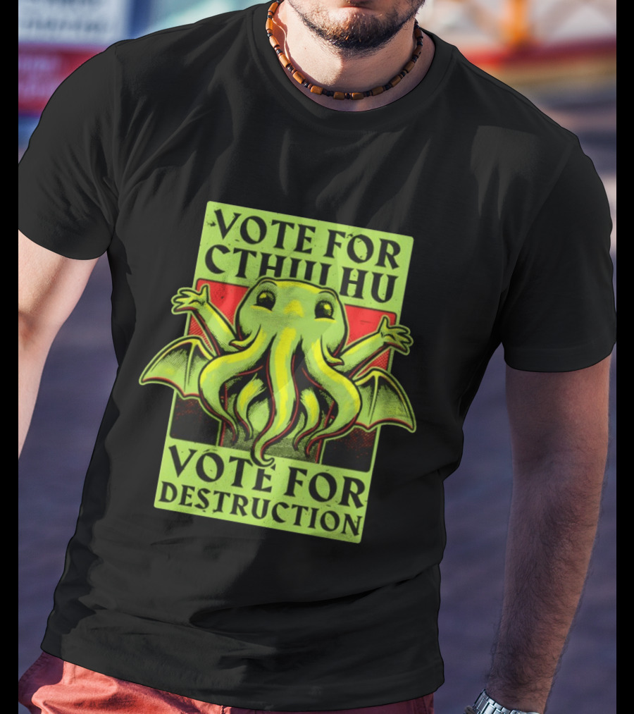 Vote For Cthulhu For Destruction Cartoon Alien Creature With Tentacles And Wings T-Shirt