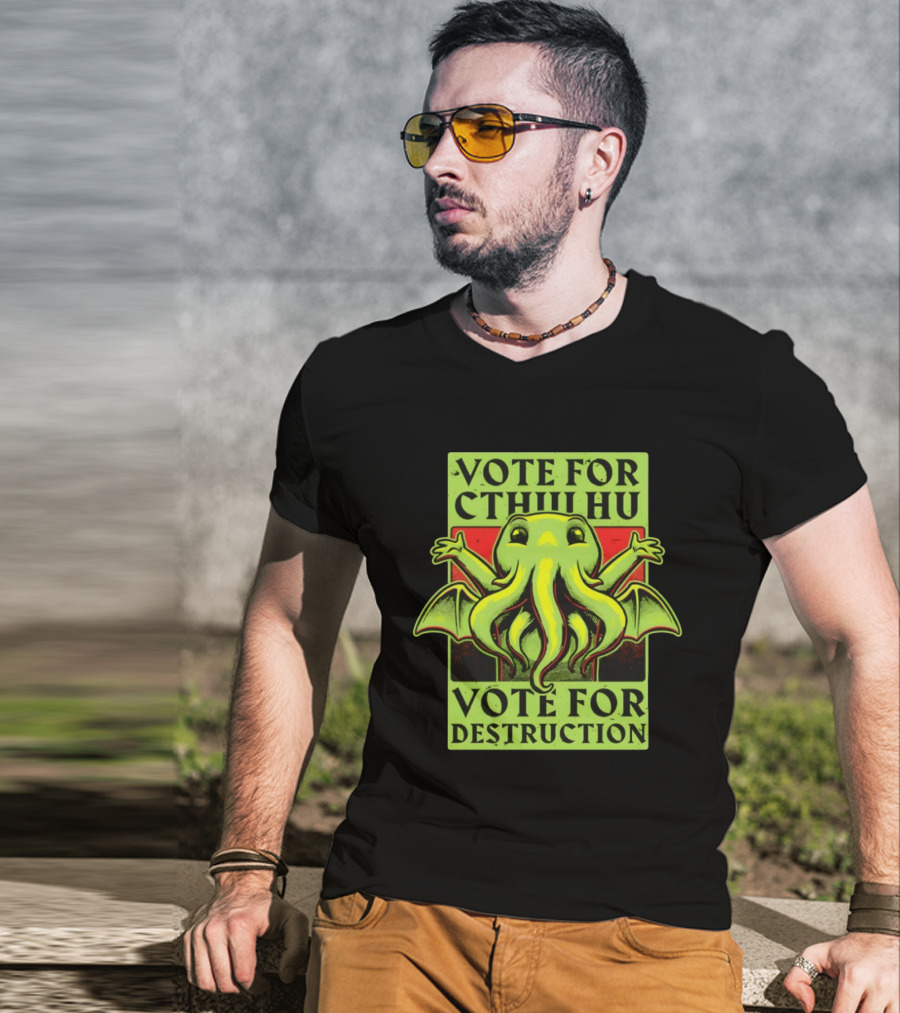 Vote For Cthulhu For Destruction Cartoon Alien Creature With Tentacles And Wings T-Shirt