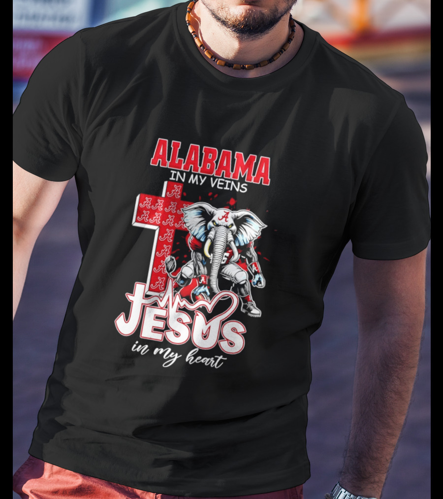 Alabama Crimson Tide In My Veins Jesus In My Heart Elephant Cross T-Shirt