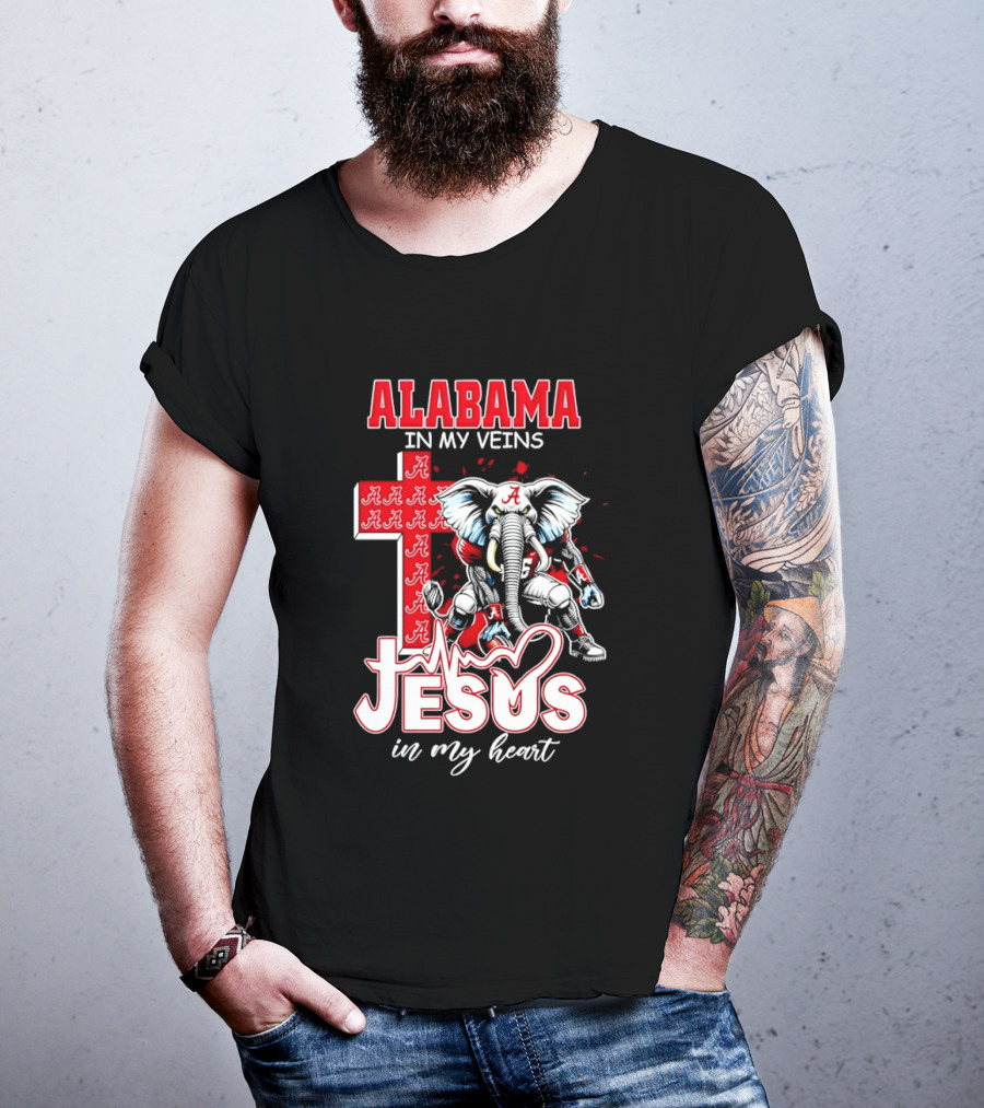 Alabama Crimson Tide In My Veins Jesus In My Heart Elephant Cross T-Shirt