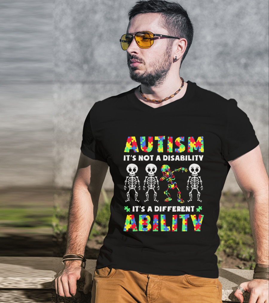 Autism It's Not A Disability It's A Different Ability Puzzle Pieces Dancing Skeletons T-Shirt