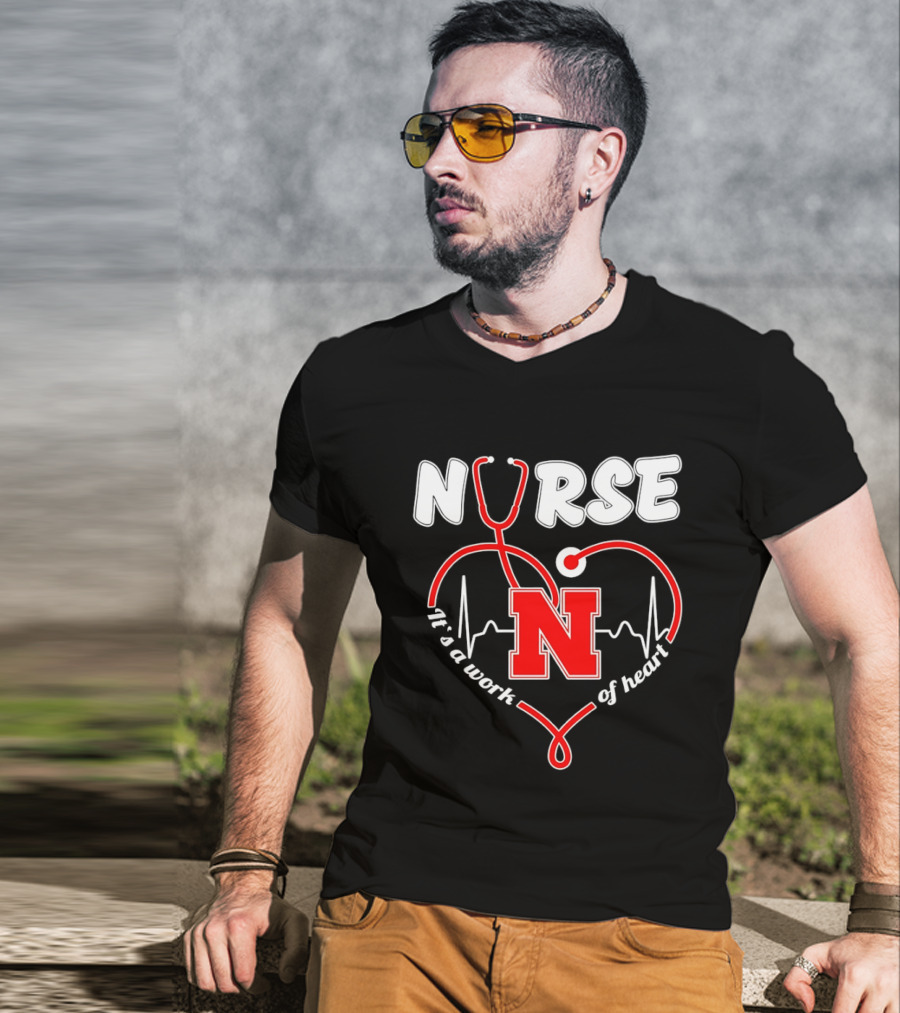 Nurse Stethoscope Heart Nebraska N It's A Work Of Heart T-Shirt