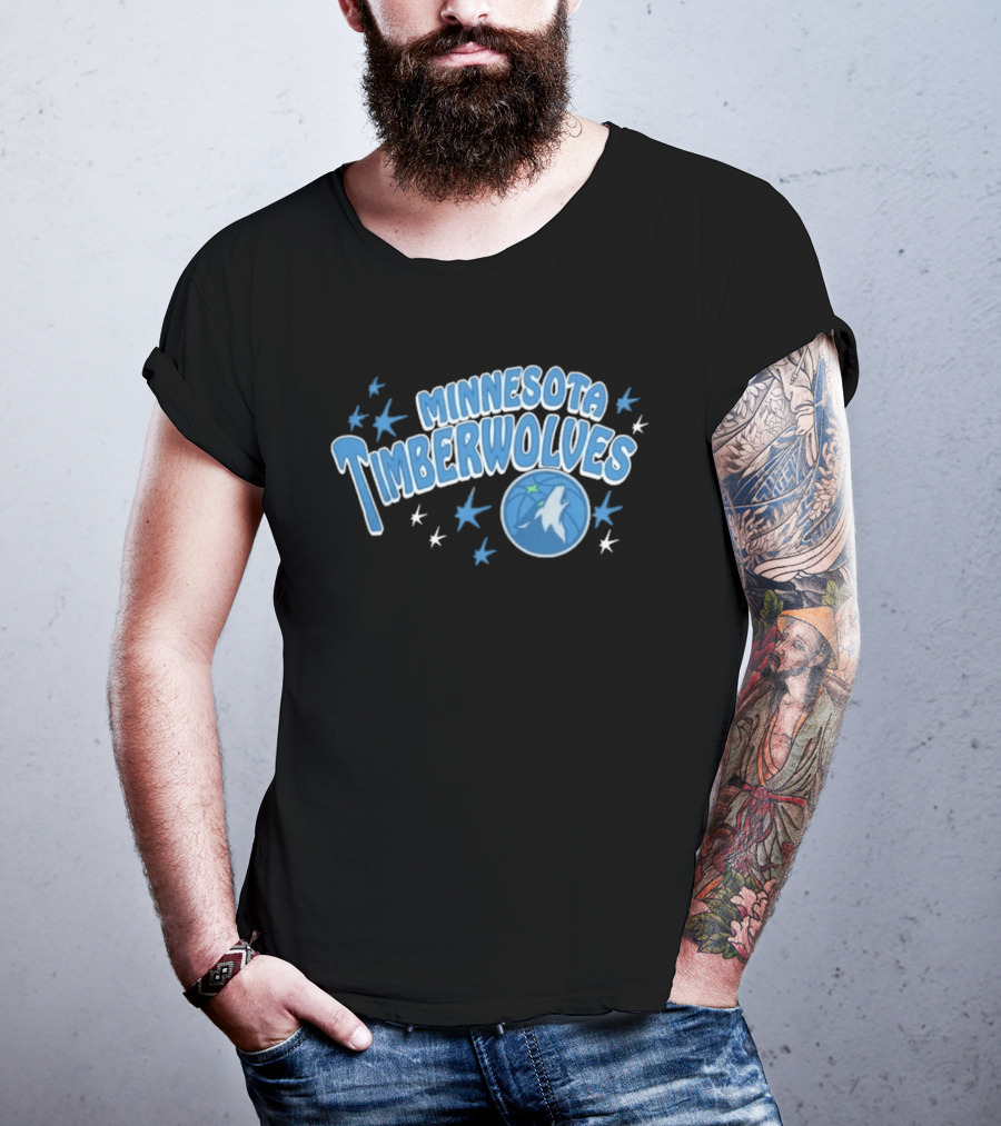 Minnesota Timberwolves Starter Black Fireworks Starry Blue Basketball Wolf T-Shirt