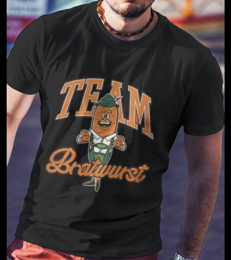 Team Bratwurst Burnt Orange Oktoberfest Character Lederhosen T-Shirt