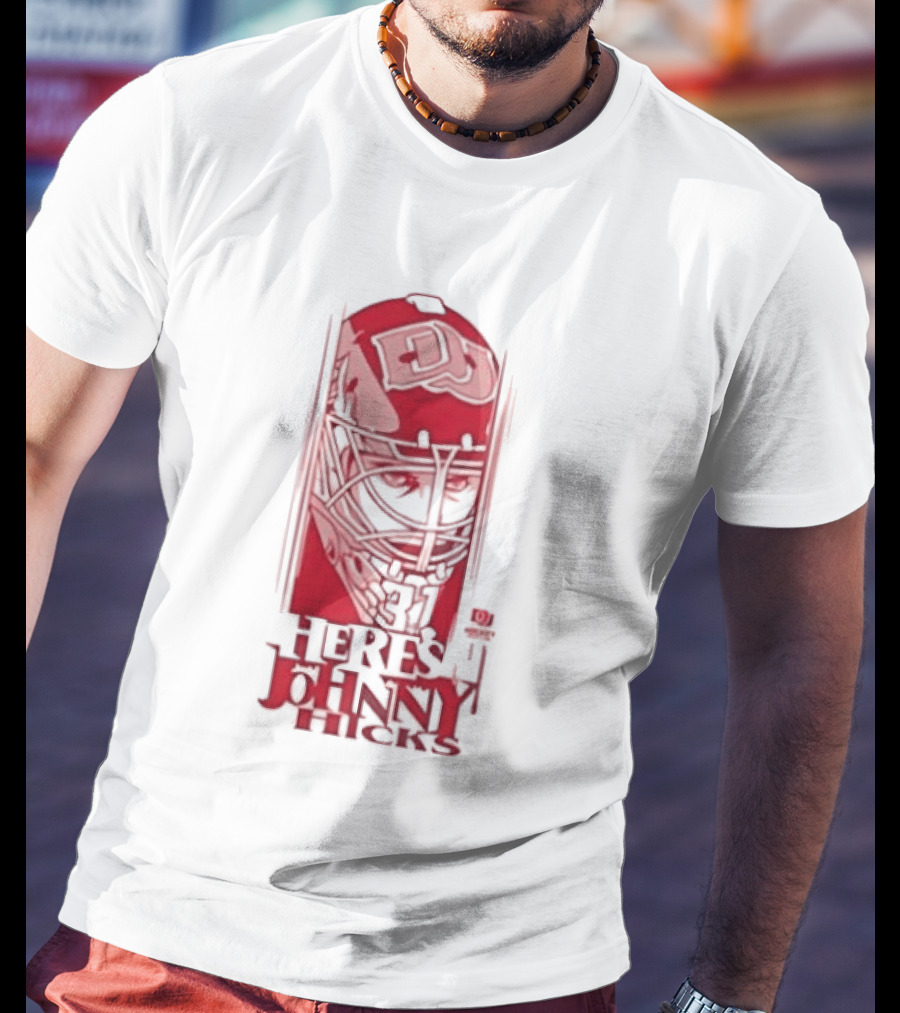 Here's Johnny Hicks Denver Pioneers Men's Ice Hockey Mask DJ T-Shirt