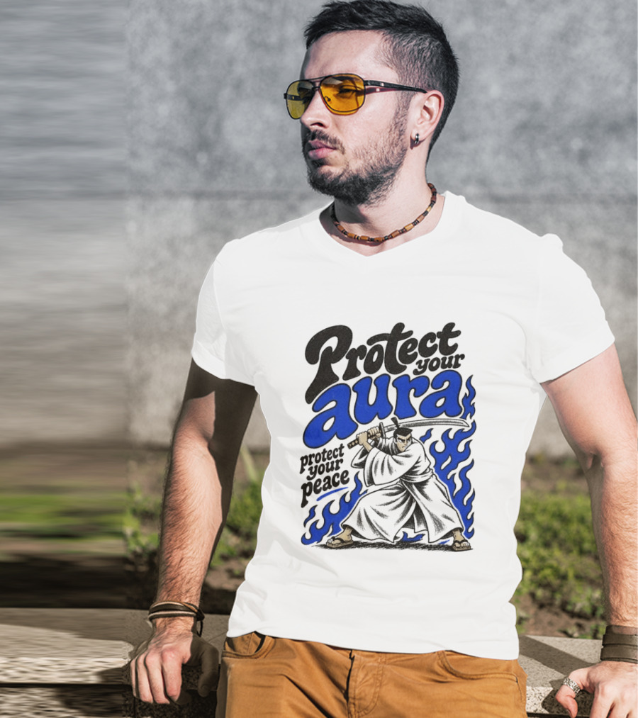 Protect Your Aura Samurai Protect Your Peace Blue Flames T-Shirt