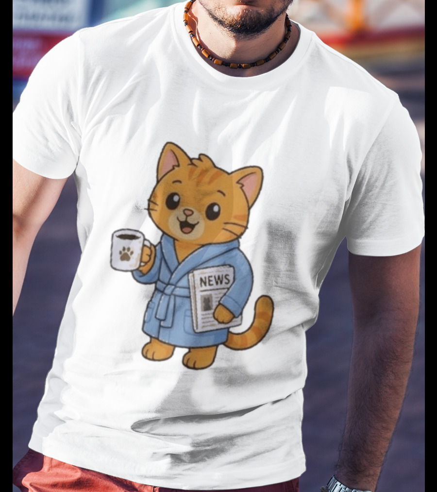 Cat In Bathrobe With Coffee And Newspaper T-Shirt