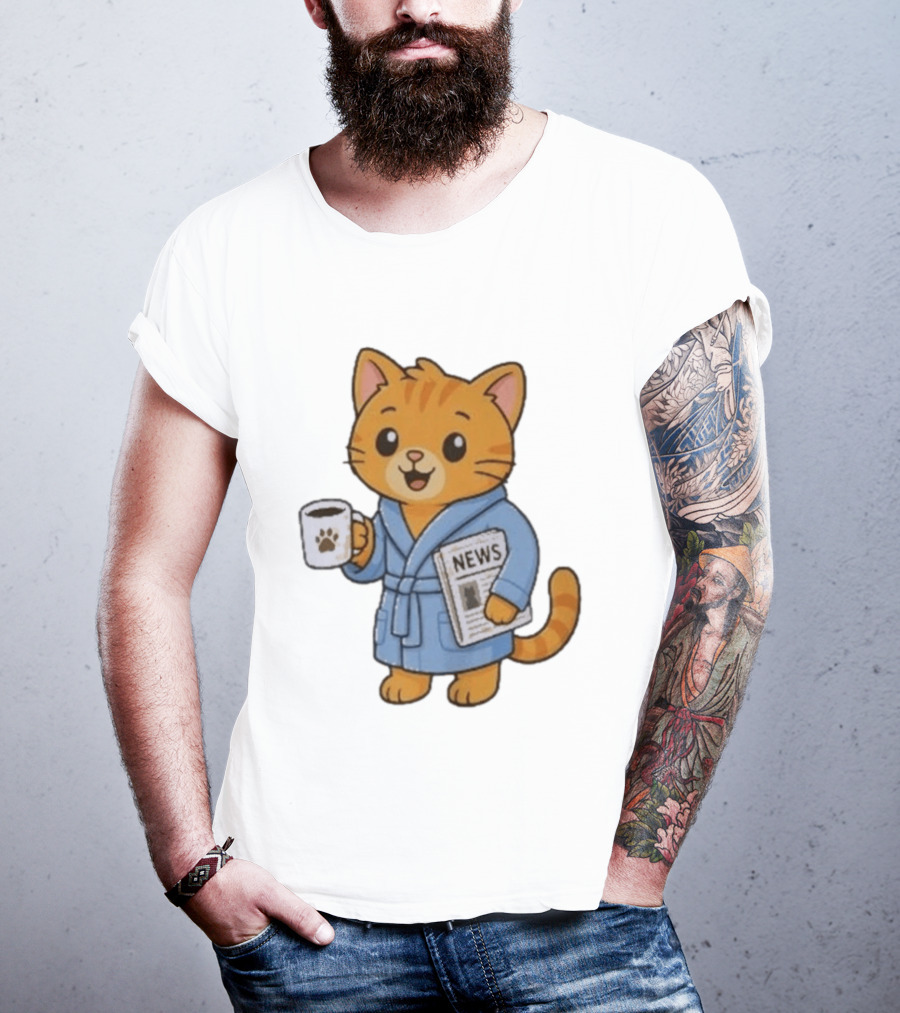 Cat In Bathrobe With Coffee And Newspaper T-Shirt