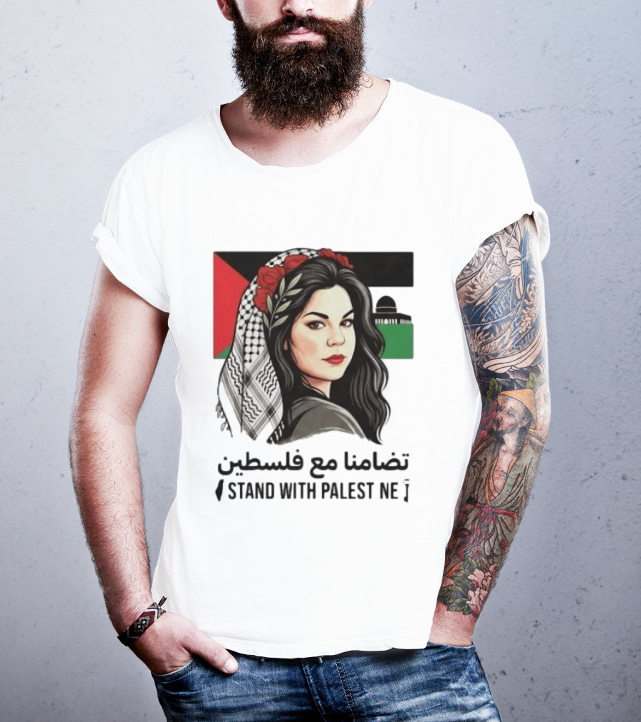 Stand With Palestine Women تضامنًا مع فلسطين Iconic Figure With Traditional Scarf And Flag T-Shirt