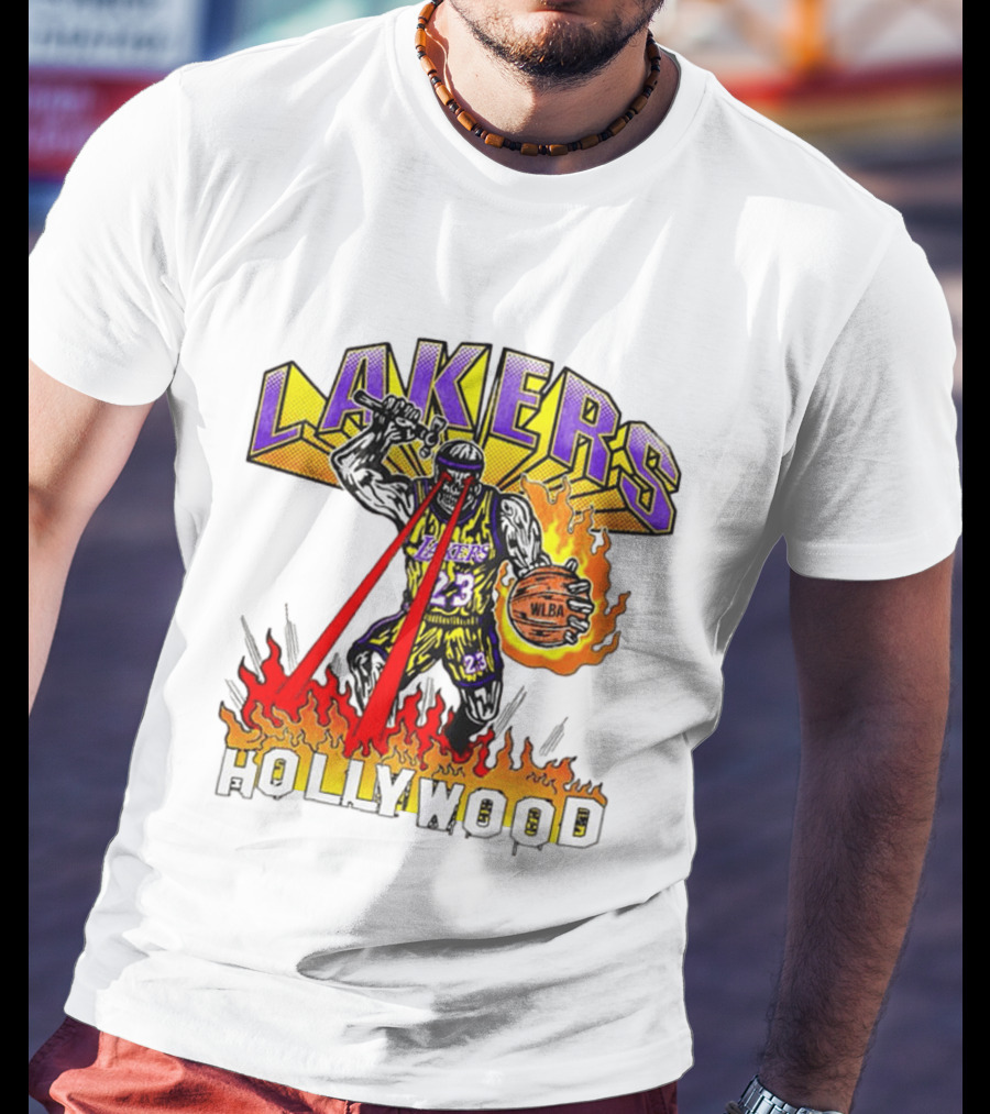 Rare Warren Lotas Los Angeles Lakers Hollywood Basketball Player Flames Laser Eyes 23 Team T-Shirt