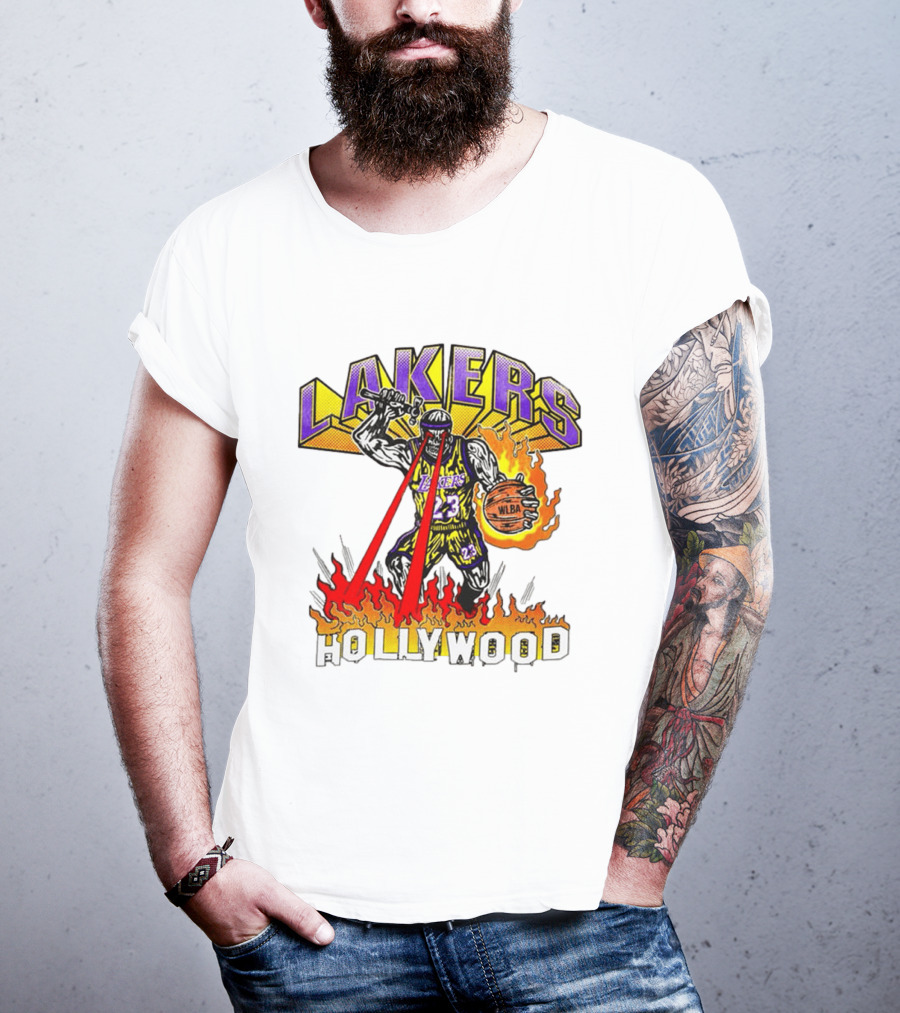 Rare Warren Lotas Los Angeles Lakers Hollywood Basketball Player Flames Laser Eyes 23 Team T-Shirt