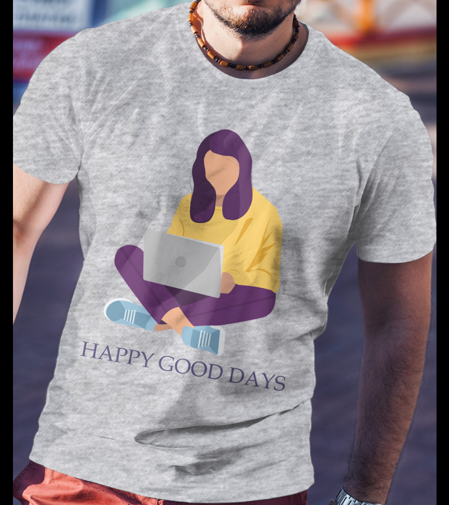 HAPPY GOOD DAYS Laptop Sitting Woman T-Shirt