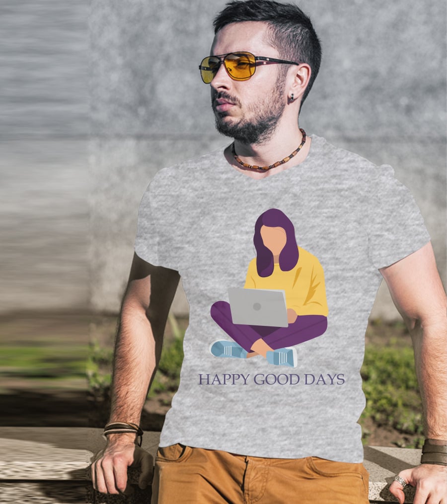 HAPPY GOOD DAYS Laptop Sitting Woman T-Shirt