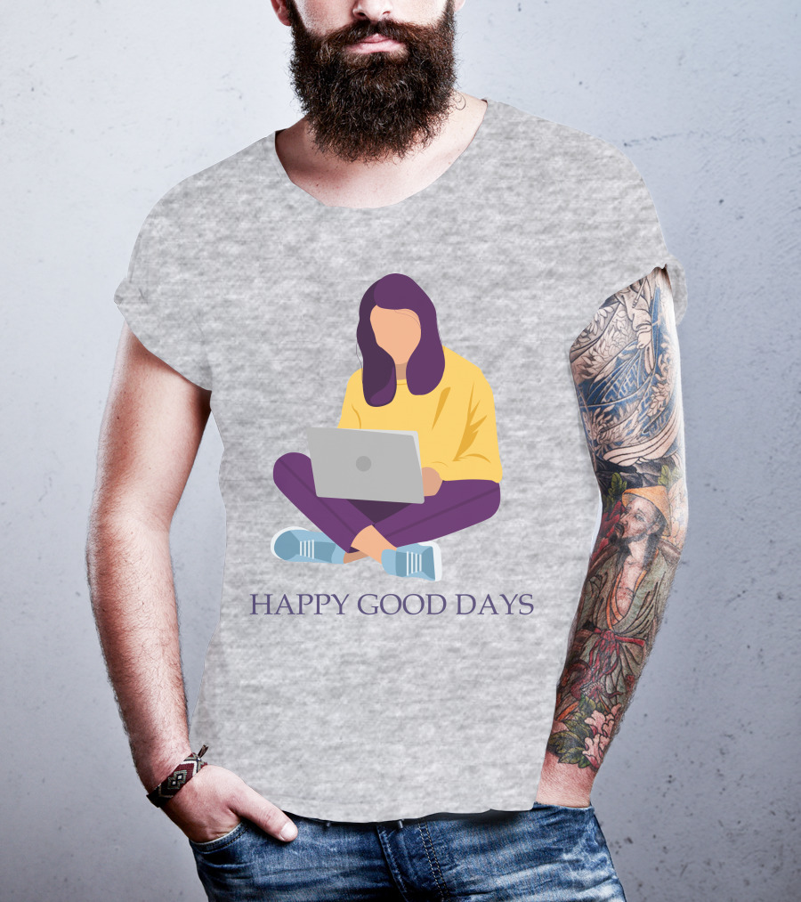 HAPPY GOOD DAYS Laptop Sitting Woman T-Shirt