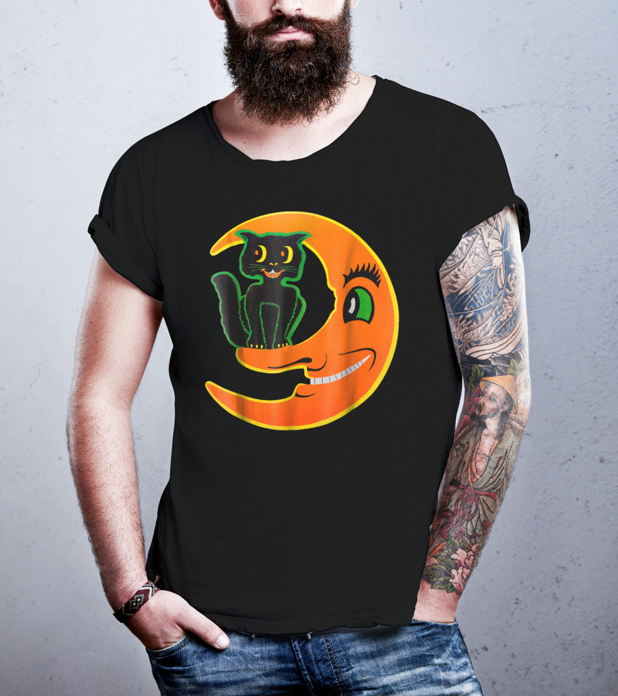 Funny Halloween Cat On Smiling Moon T-Shirt