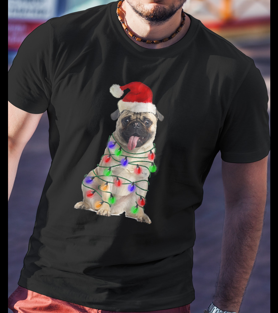 Christmas Pug Wrapped In Festive Lights Wearing Santa Hat T-Shirt