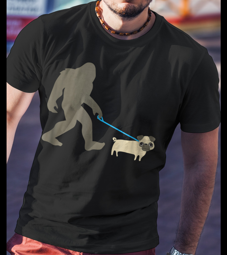 Bigfoot Walking Pug Funny Cute Sasquatch Dog Leash T-Shirt