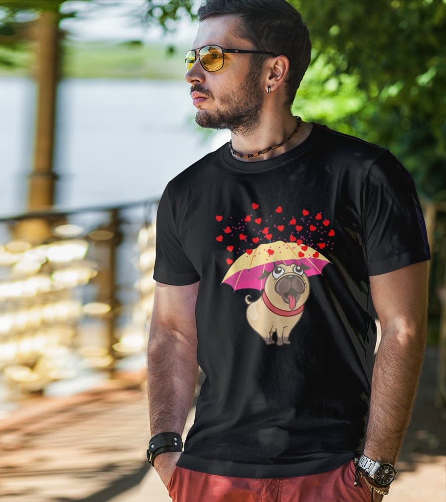 Cute Pug Dog Under Heart Umbrella Valentines Day Pug Lover T-Shirt