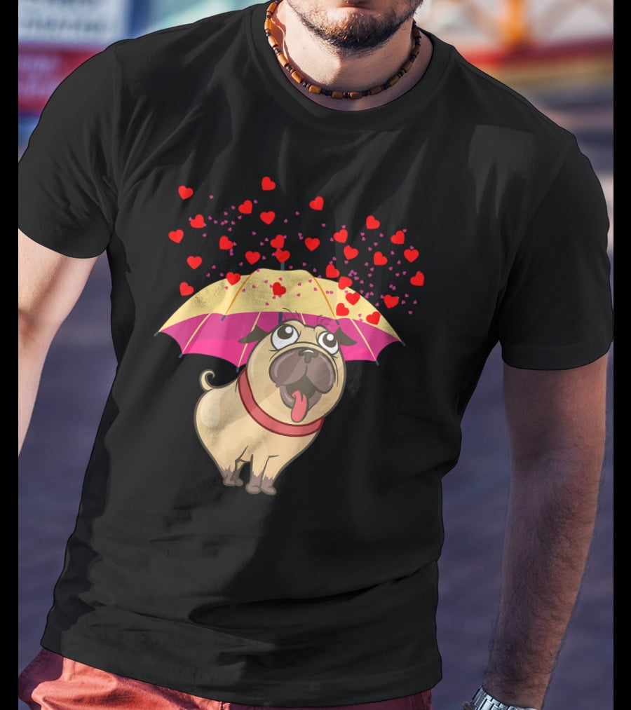 Cute Pug Dog Under Heart Umbrella Valentines Day Pug Lover T-Shirt