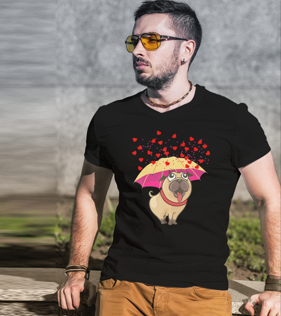 Cute Pug Dog Under Heart Umbrella Valentines Day Pug Lover T-Shirt