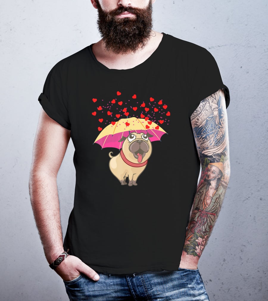 Cute Pug Dog Under Heart Umbrella Valentines Day Pug Lover T-Shirt
