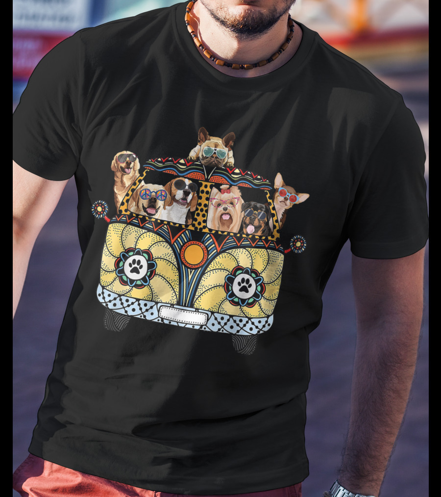 Hippie Van With Dogs And Sunglasses Peace Love Summer Vibes T-Shirt